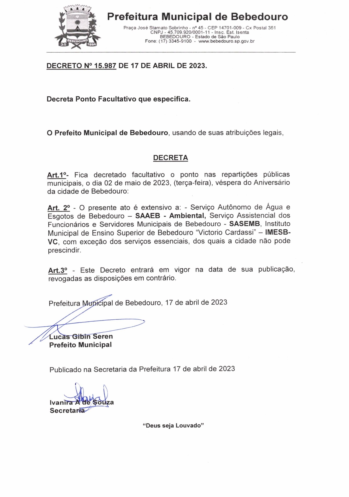 Ponto facultativo, feriado e aniversário de Bebedouro - 139 anos!